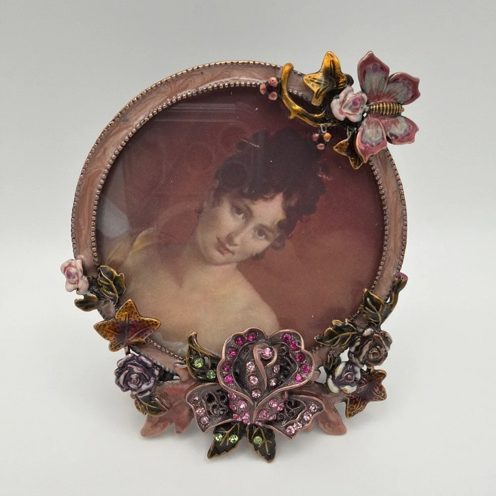 Ornate Jeweled Enamel Floral Butterfly Picture Frame Rhinestone Vintage Style